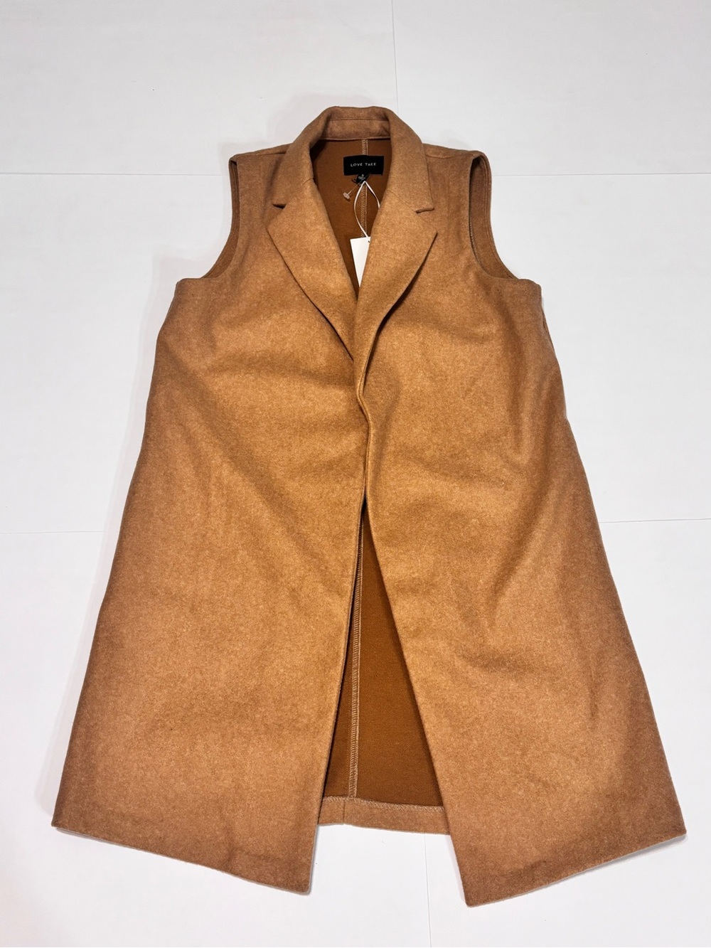 Love Tree Sleeveless Open-Front Wool-Blend Camel Coat